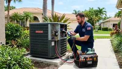 Professional AC repair technician servicing air conditioner in Fort Lauderdale FL home