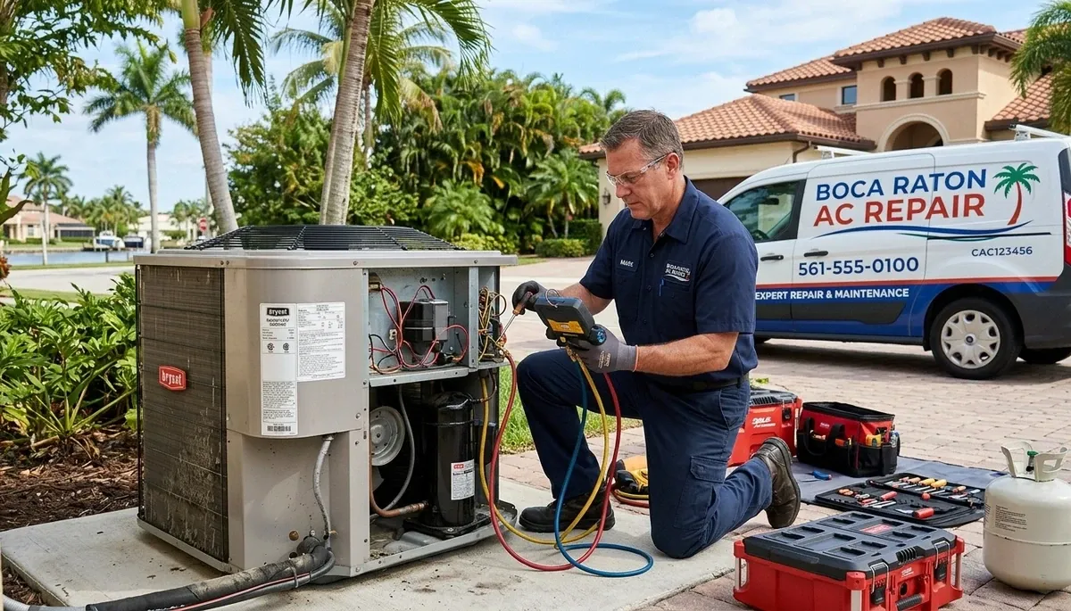 Professional AC repair technician servicing air conditioner in Fort Lauderdale FL home