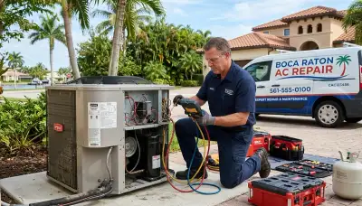 Professional AC repair technician servicing air conditioner in Fort Lauderdale FL home