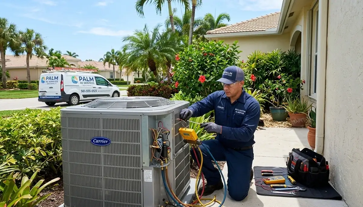 Professional AC repair technician servicing air conditioner in Fort Lauderdale FL home