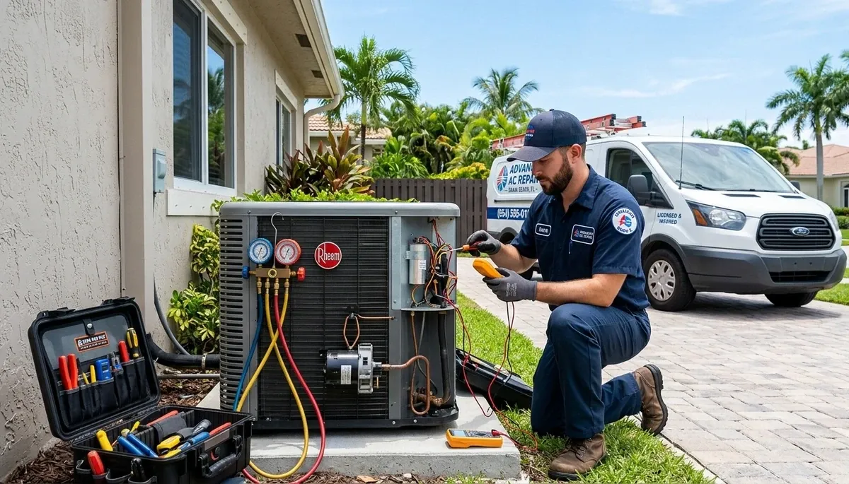 Professional AC repair technician servicing air conditioner in Fort Lauderdale FL home