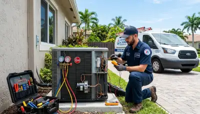 Professional AC repair technician servicing air conditioner in Fort Lauderdale FL home