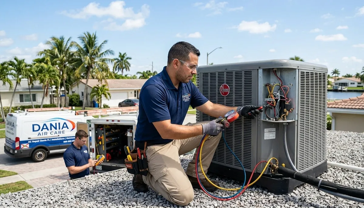 Professional AC repair technician servicing air conditioner in Fort Lauderdale FL home