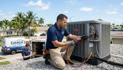 Professional AC repair technician servicing air conditioner in Fort Lauderdale FL home