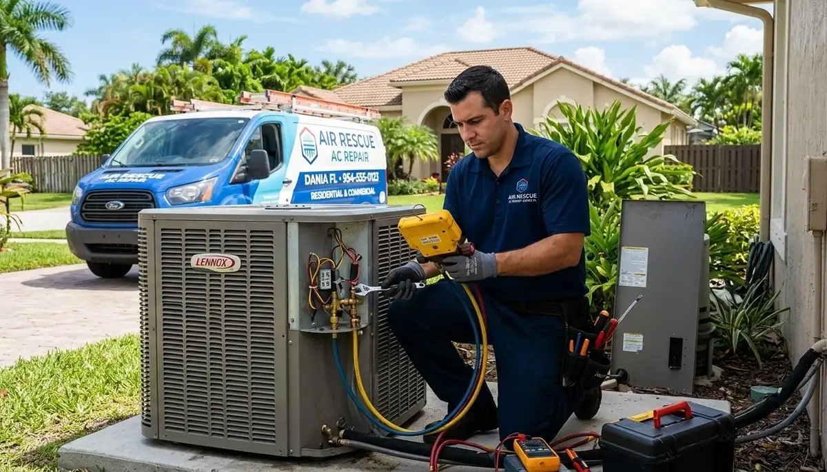 Professional AC repair technician servicing air conditioner unit in Fort Lauderdale FL