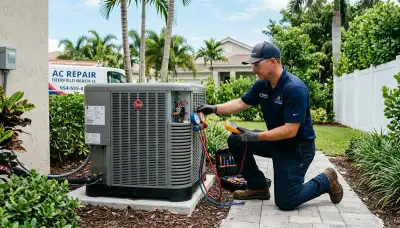 Professional AC repair technician servicing air conditioner in Fort Lauderdale FL home