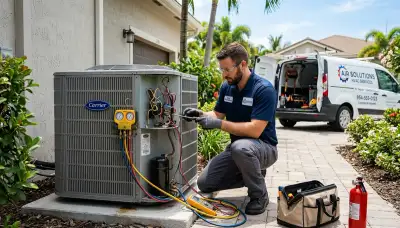 Professional AC repair technician servicing air conditioner in Fort Lauderdale FL home