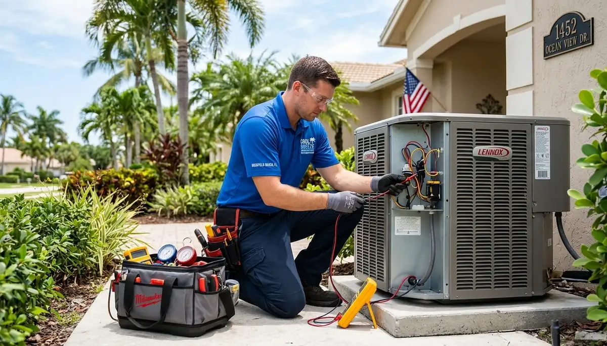 Professional AC repair technician servicing air conditioner in Fort Lauderdale FL