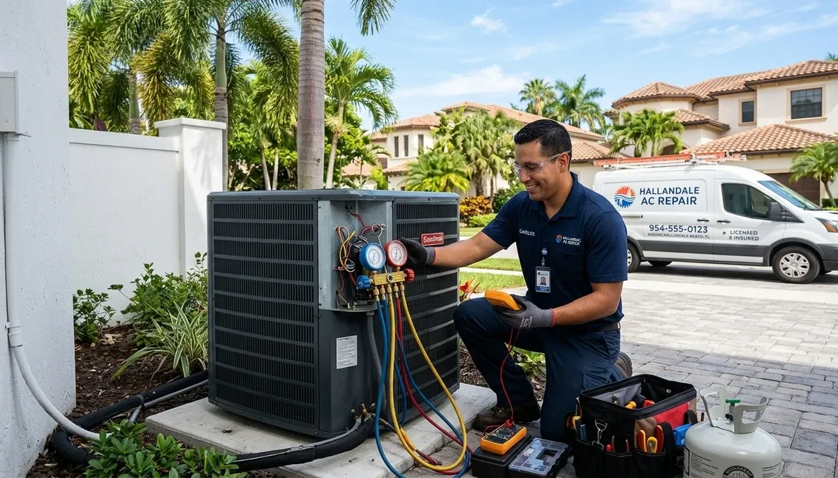 AC repair technician servicing home air conditioner in Fort Lauderdale FL