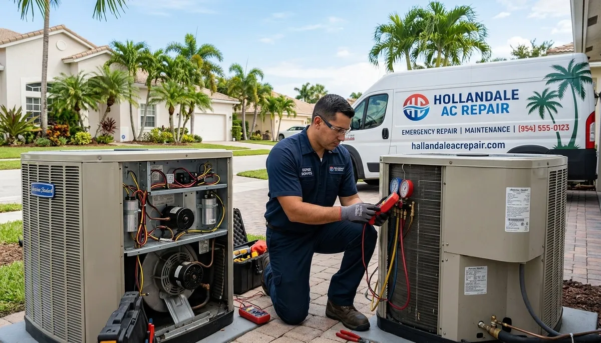 Professional AC repair technician servicing air conditioner unit in Fort Lauderdale FL home