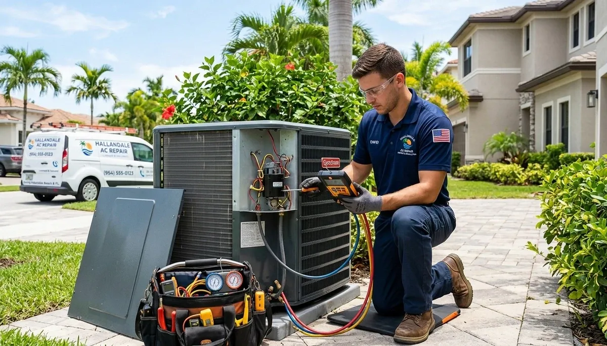 Professional AC repair technician servicing air conditioner in Fort Lauderdale FL home
