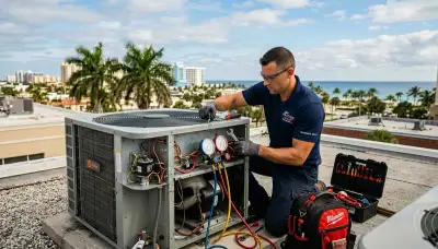 Professional AC repair technician servicing unit in Fort Lauderdale FL home