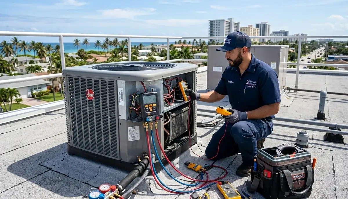 Professional AC repair technician servicing air conditioner in Fort Lauderdale FL home