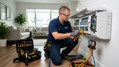 Technician performing AC repair on residential unit in Fort Lauderdale, FL
