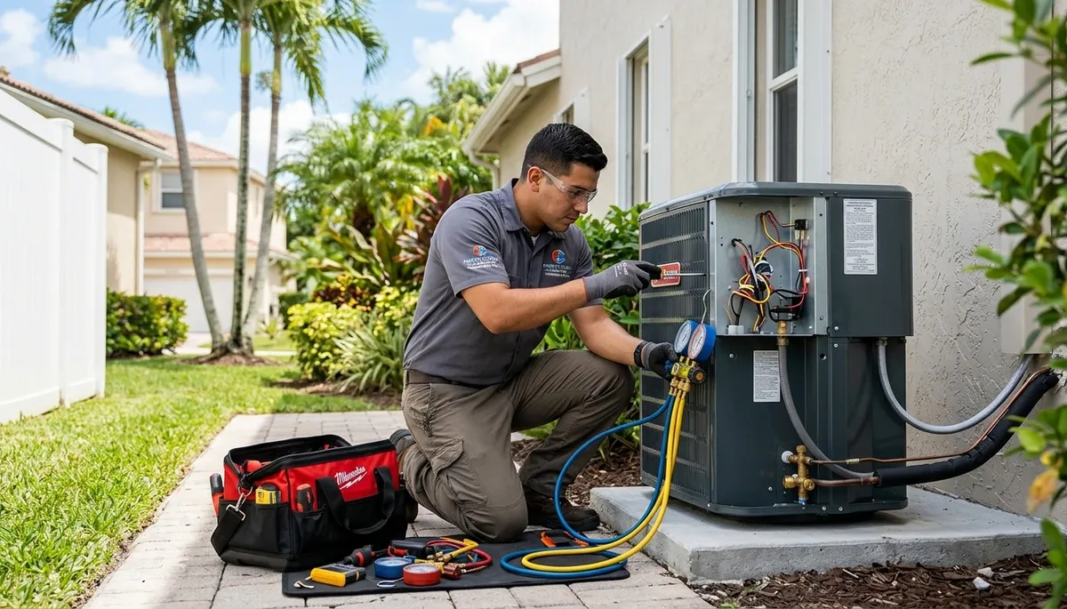 Professional AC repair technician servicing air conditioner in Fort Lauderdale FL home