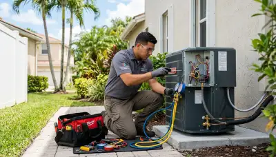 Professional AC repair technician servicing air conditioner in Fort Lauderdale FL home