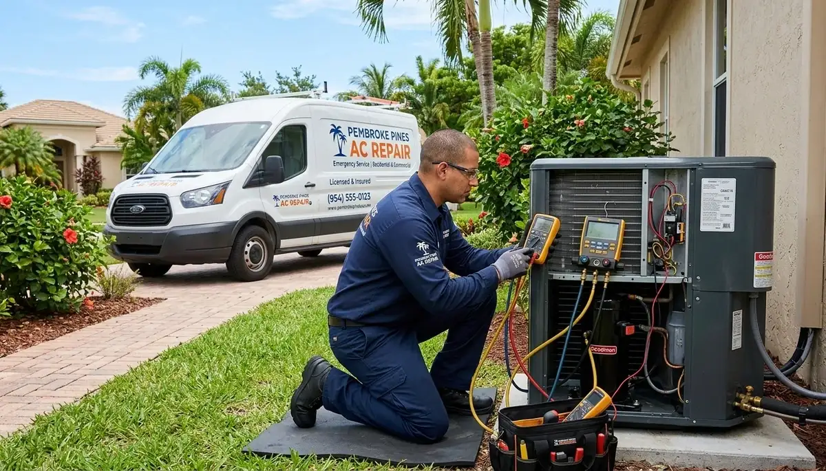 HVAC technician performing AC repair service in Fort Lauderdale FL home