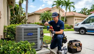 AC repair technician servicing air conditioner in Fort Lauderdale FL home