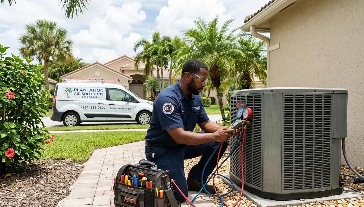 Professional AC repair technician servicing air conditioner in Fort Lauderdale FL home