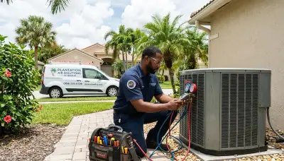 Professional AC repair technician servicing air conditioner in Fort Lauderdale FL home