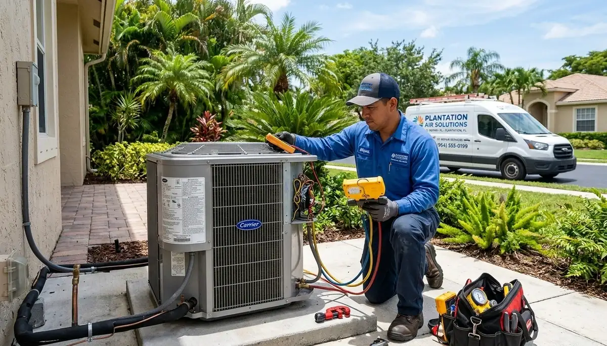AC repair technician servicing home air conditioner in Fort Lauderdale FL