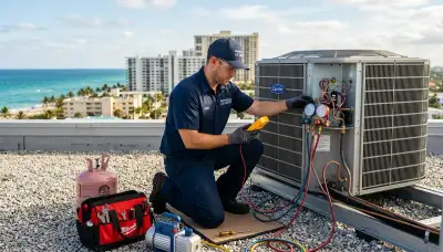 Professional AC repair technician servicing air conditioner in Fort Lauderdale FL home