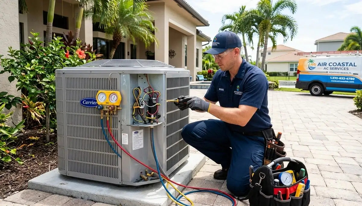 Professional AC repair technician servicing air conditioner in Fort Lauderdale FL home