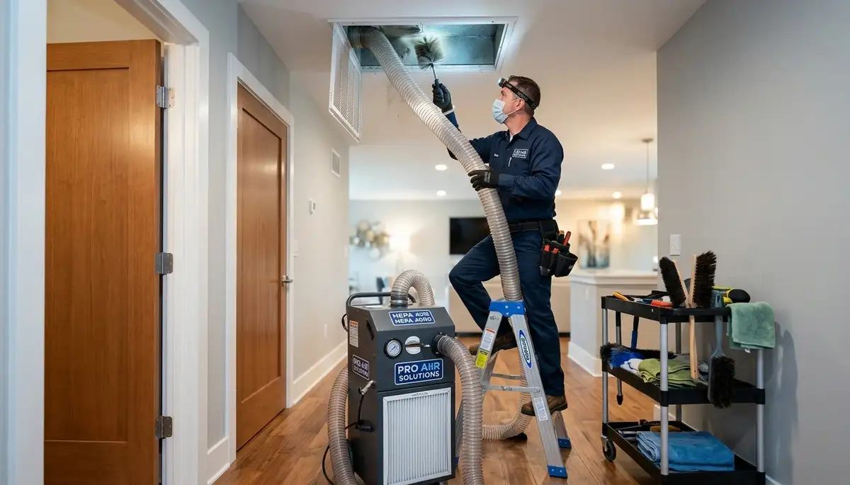 Technician cleaning air ducts for AC system in Fort Lauderdale FL home to improve air quality