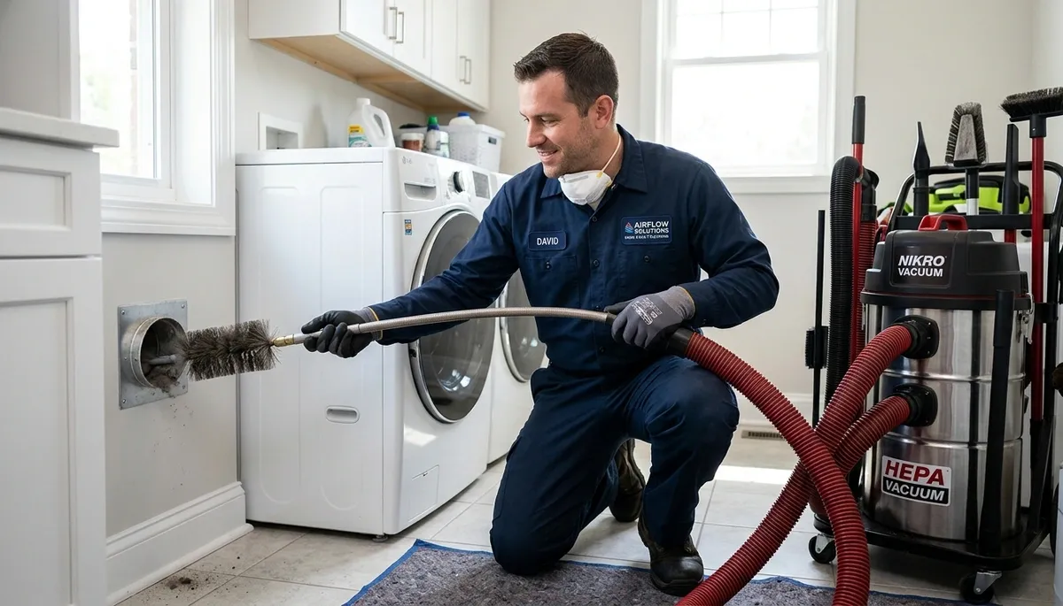 Technician cleaning dryer vent for efficient airflow in Fort Lauderdale FL home