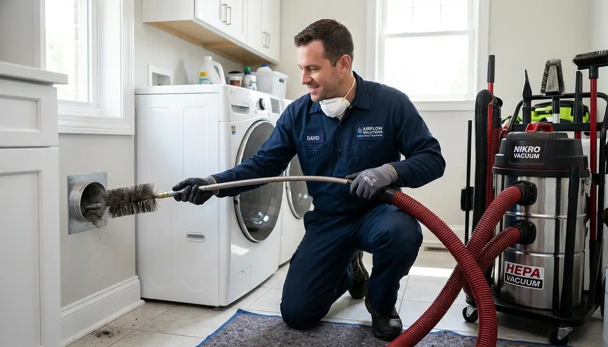 Technician cleaning dryer vent for efficient airflow in Fort Lauderdale FL home