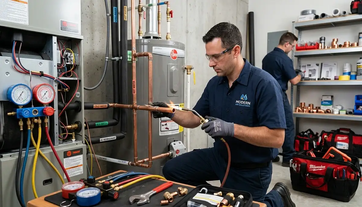 Technician repairing air conditioner unit at Fort Lauderdale FL home by Five Star Cooling